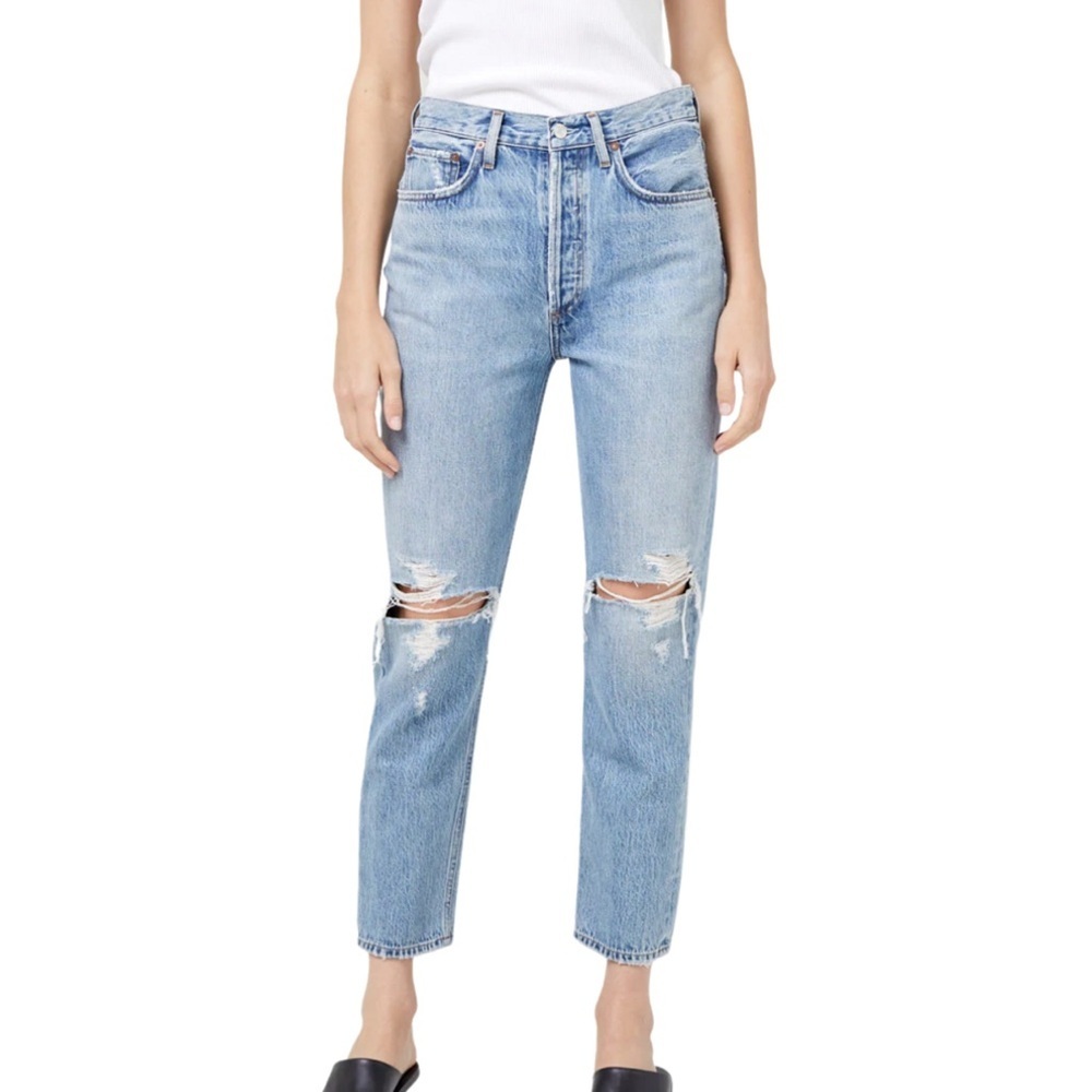 Agolde Riley High Rise Distressed Crop Jeans Blue 30 - Picture 2 of 5